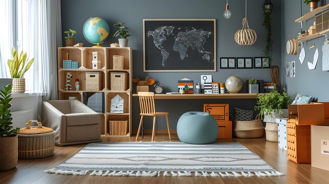 Children's Study Room at Home - Modern Spacious Interior with Desk, Chair, Bookshelves, Chalkboard, Lamps, Earth Globe, Plants, Boxes, Toys, Rug, and Laminate Flooring