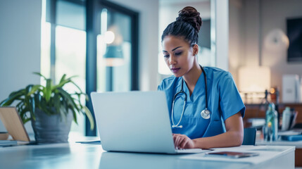 Attentive nurse in scrubs reviewing medical history or patient information on her laptop in clinic office - Science and hospital work concept - Powered by Adobe