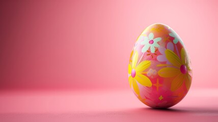 Fototapeta na wymiar Easter egg painted with flowers on pink background