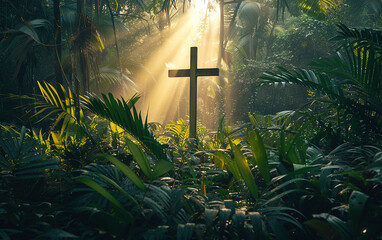 Raios solares brilhando na selva, cruz, conceito religioso