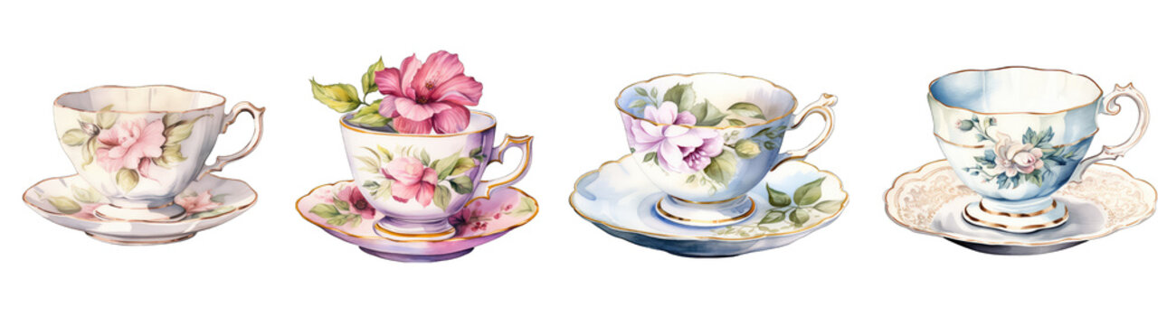 Floral tea cup Watercolor collection of hand drawn, png