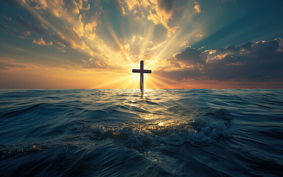 Raios solares brilhando no oceano, cruz, conceito religioso