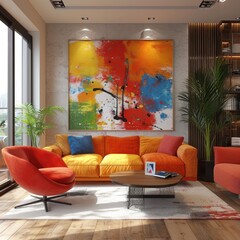 Modern living room with geometric art sketch wall calm and comfortable interior concept, great for industrial, inspiration, architecture, designer, apartment, residence etc. Generative Ai