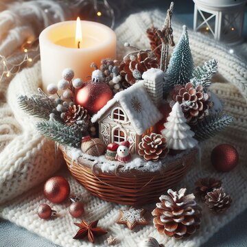 Christmas or New Year composition in white knitted background