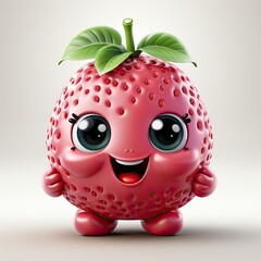 Fototapeta premium Stylized 3D illustration of a friendly cartoon character strawberry. Cute 3D art strawberry character print on clothes, stationery, books, children's products, printing on juice and yogurt packaging.