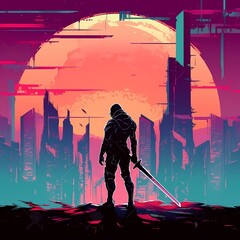 Futuristic Warrior in a Dystopian City