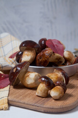 Several Imleria Badia or Boletus badius mushrooms commonly known as the bay bolete and vintage pan with mushrooms on wooden cutting board..