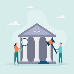 Law and justice concept. Scales of justice, judge's building and judge's gavel. Supreme Court. People near the courthouse are holding a magnifying glass and a hammer. Flat cartoon style. Vector illust - obrazy, fototapety, plakaty
