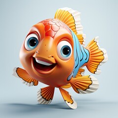Stylized 3D illustration of a friendly cartoon character Nemo, clownfish, isolated. white background. 3D art of an orange clownfish. Cute fish print on clothes, stationery, books, children's products. - obrazy, fototapety, plakaty