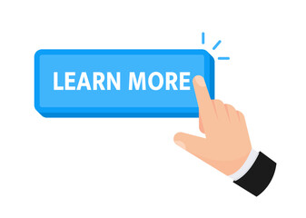 Learn more button with hand clicking. Web button. Finger Pressing. Vector illustration