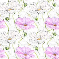 Watercolor seamless pattern with white and pink flowers. Hand drawn print with daisies and greenery, grass. Design and design of packaging, wallpaper, wrapping paper, textiles.