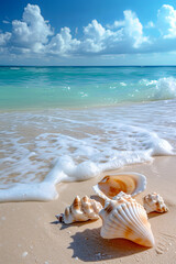Fototapeta na wymiar Landscape with seashells on tropical beach - summer holiday