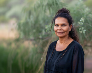 A woman in black standing outdoors.