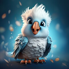 Stylized 3d illustration of cartoon character cockatoo parrot. 3D art funny toy white parrot. Cute fairytale cockatoo parrot bird print for clothing, stationery, books, children's products.