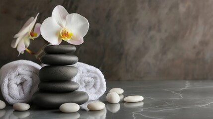 Fototapeta na wymiar Composition of spa settings with orchid on gray background, spa stones, towels and orchid on grey