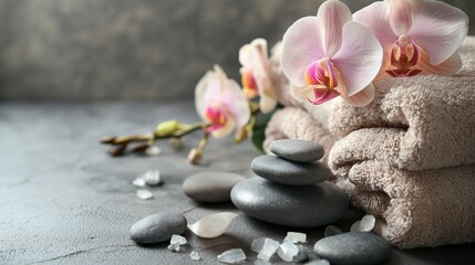 Naklejka na ściany i meble Composition of spa settings with orchid on gray background, spa stones, towels and orchid on grey