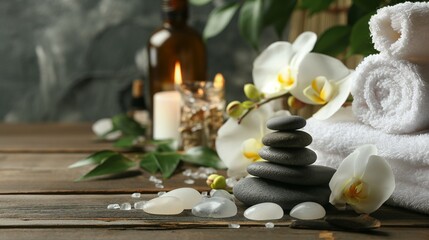 Fototapeta na wymiar Composition of spa settings with orchid on gray background, spa stones, towels and orchid on grey