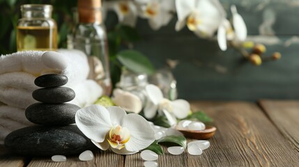 Obraz na płótnie Canvas Composition of spa settings with orchid on gray background, spa stones, towels and orchid on grey