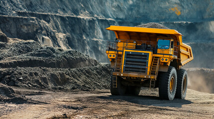 Excavator loads rock formation into the back of a heavy mining dump truck. Large quarry dump truck.