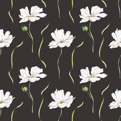 Watercolor seamless pattern with white flowers and leaves on a dark background. Meadow flowers, nature, minimalistic style. Hand drawn print for textile design, print.