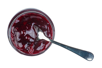 Mixed berry jam in glass jare with spoon isolated on a white background.Top view © Roman Ivaschenko