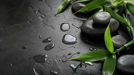 Obraz na płótnie Canvas Black spa background, spa concept, green bamboo and black stones