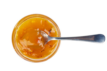 Seabuckthorn jam in glass jare with spoon isolated on a white background. Top view