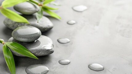 Gray spa background, spa concept, green bamboo and black stones