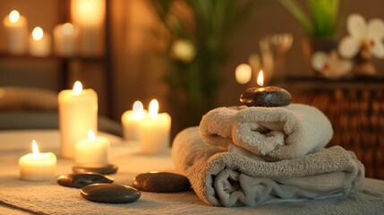 Obraz na płótnie Canvas Сandles, stones and towel in a spa, Burning candles, stones and towel on massage table