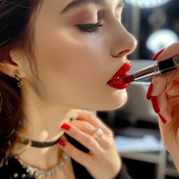 Makeup artist applies red lipstick . Beautiful woman face. Hand of make-up master, painting lips of young beauty model girl . Make up in process ai technology