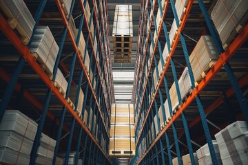 Modern automatized high rack warehouse, distribution warehouse with high shelves - obrazy, fototapety, plakaty