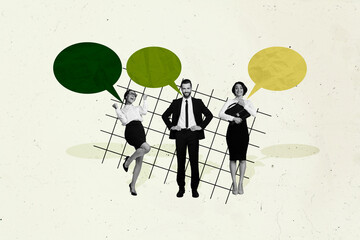Composite collage image of black white effect elegant people raise fists achievement hold briefcase...
