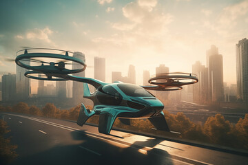 Flying car in sky. Electric air car flight above a cityscape. Future Flying Mobility. Futuristic Flying Transport. Urban Air Mobility, Flying unmanned car. Fly cars in drive in sky. Self driving - obrazy, fototapety, plakaty