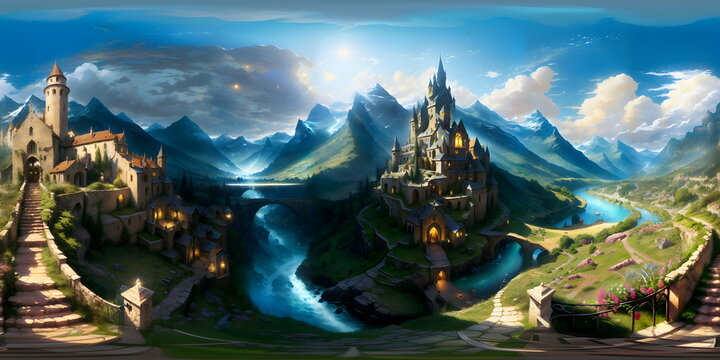 360 panoramic Gothic and fantasy land with rivers and mountains - generative ai, &uuml;retken yapay zeka