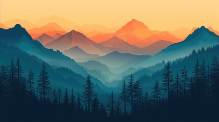 Obraz premium a mountain scene with mountain ranges and trees, in the style of minimalist backgrounds
