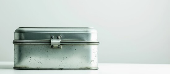 A rectangular metal box, possibly made of nickel, sitting on a white table. It can be a fashion accessory or a still life subject for photography.