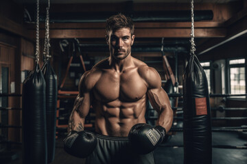 Fototapeta na wymiar Male Boxer do boxing training with punchbag on gym, bright light