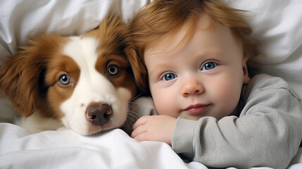 Small child lies on a bed with a dog. Dog and cute baby childhood friendship. Little boy and Dog
