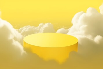 Yellow podium with cloud on yellow background. Product display stand. Insert your product