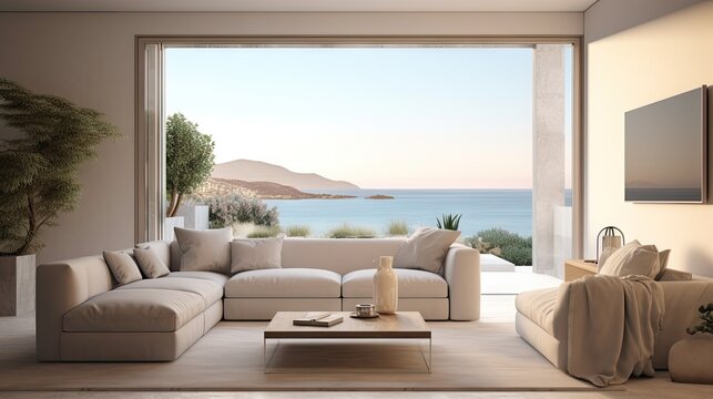 Empty picture frame near beige sofa in large living room of modern house or luxury villa. Cozy home interior with sea view.