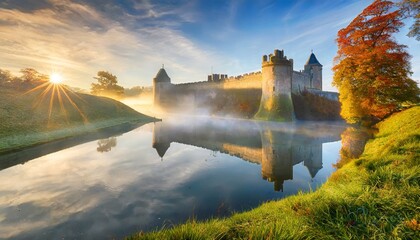 stunning moat and castle in autumn fall sunrise with mist over m