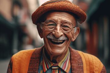 Elderly man with a cheerful smile. Grandfather in glasses and fashionable clothes on vacation. Cheerful retired grandfather in bright clothes. Elderly man with a face smile. Happy pensioner with smile - obrazy, fototapety, plakaty