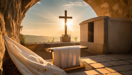 tomb empty with shroud and crucifixion at sunrise resurrection of jesus christ - obrazy, fototapety, plakaty