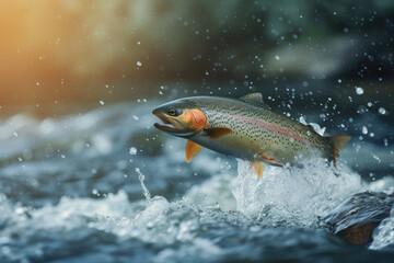 close view of a rainbow trout fish jumping out of river water