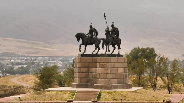 Horseman Monument to Sauryk and Suranshi batyrs in Uzynagash. National heroes of Kazakhstan country. Two generals on horseback.