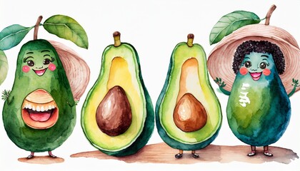 a group of cartoon avocados with different expressions watercolor clipart on white background