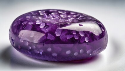 close up shot of a purple hard candy over white