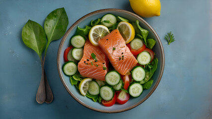 Salted salmon salad with fresh green lettuce,cucumbers.Lunch bowl on a ketogenic,keto or paleo diet.Top view with lemon elements next to it on a light blue background with space for text