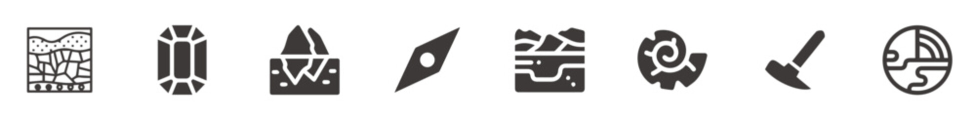 Fill and line style icon set related to geology. Geology related abstract icon sets. © Parbat
