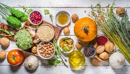 winter vegetarian vegan food cooking ingredients flat lay of vegetables fruit beans cereals kitchen utencil dried flowers olive oil over white wooden background top view copy space